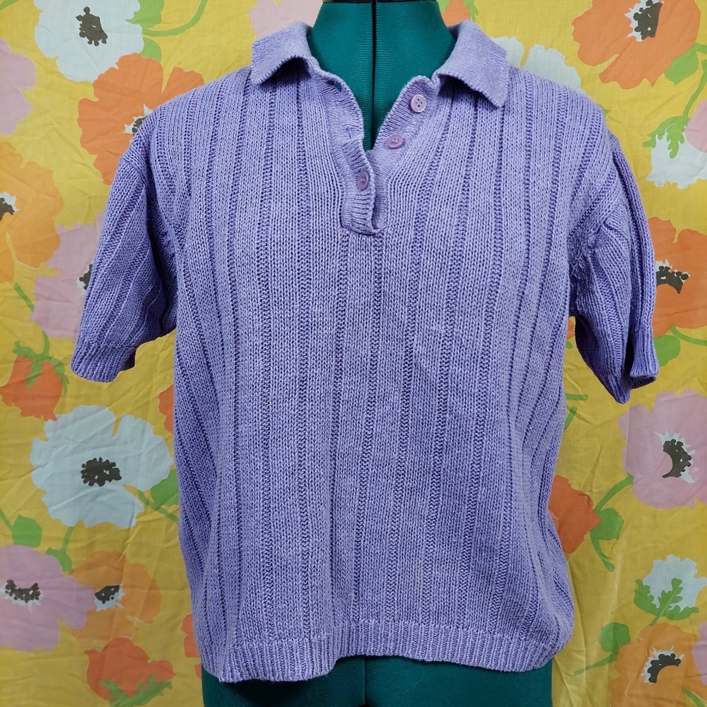 Vintage Honors Purple Short Sleeve Sweater Ramie Cotton Ribbed Polo 90s Small